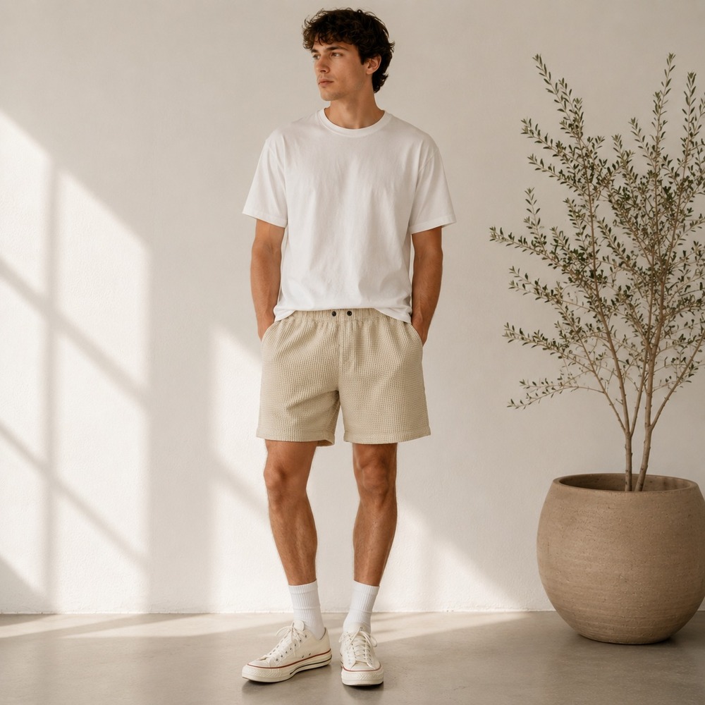Negative Space Mens Waffle Knit Shorts Sz L Beige Textured Casual Lounge
